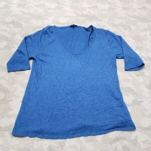 Eileen Fisher Top Womens Large Blue Wool Pullover V-Neck Half Sleeve